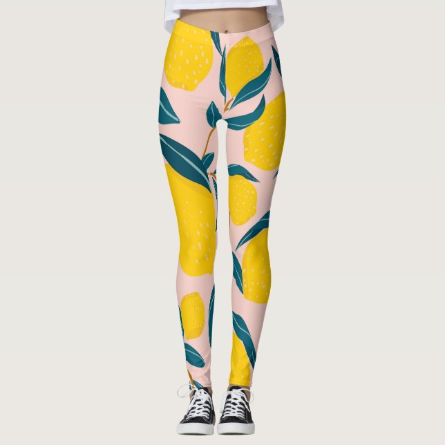 Graphic illustrated lemons: pink seamless pattern leggings (Front)