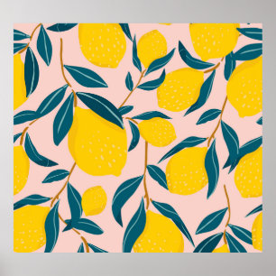 Graphic illustrated lemons: pink seamless pattern poster