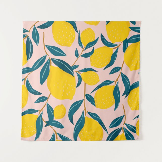 Graphic illustrated lemons: pink seamless pattern tapestry (Front)