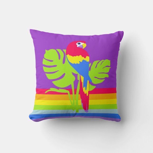 Graphic kids parrot rainbow colourful pillow (Front)
