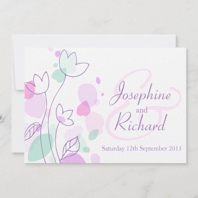 Graphic modern flower petals purple wedding invite (Front)