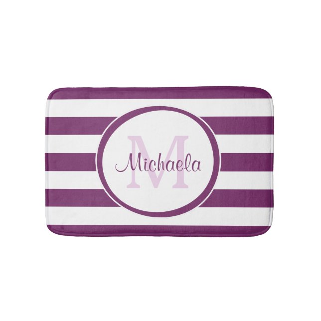 Graphic Monogram With Fat Purple Stripes and Name Bath Mat (Front)