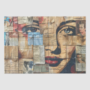 Graphic Mosaic Portrait with Vintage Newsprint Tissue Paper