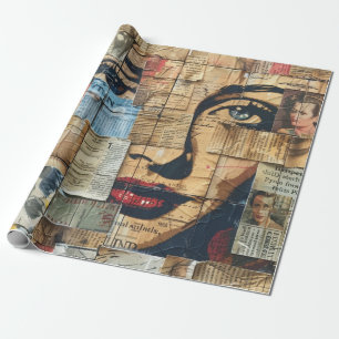 Graphic Mosaic Portrait with Vintage Newsprint Wrapping Paper