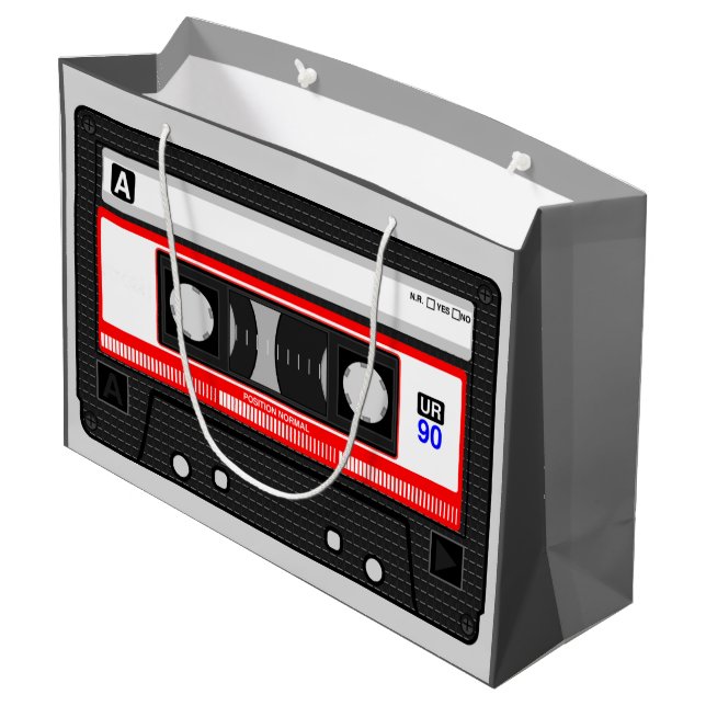 GRAPHIC MUSIC CASSETTE TAPE DESIGN LARGE GIFT BAG (Back Angled)
