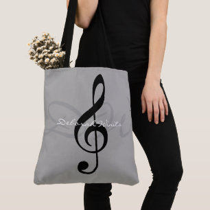 graphic musical note on grey tote bag with name
