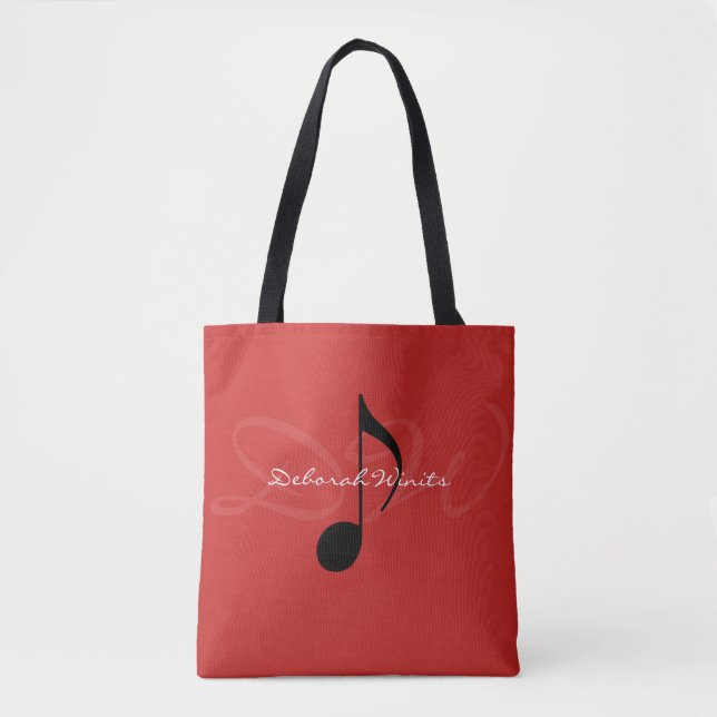 graphic musical note on red tote bag with name (Front)