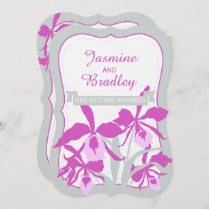 Graphic orchid purple green grey wedding invite