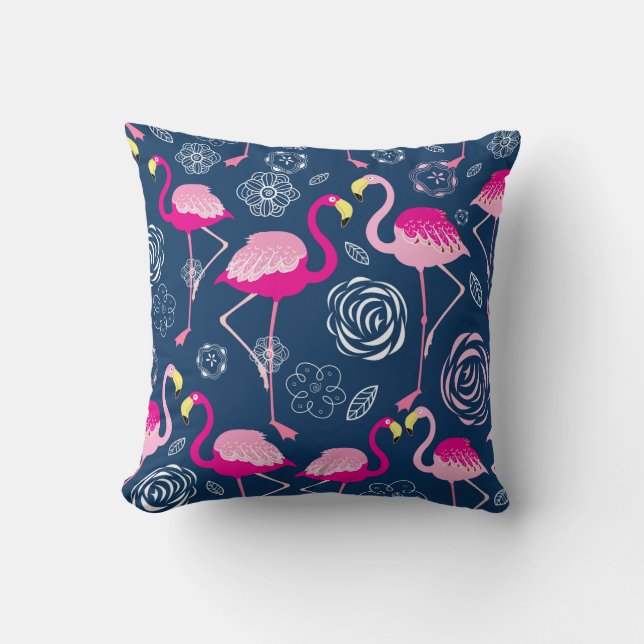 Graphic pattern of pink flamingos on a dark blue b cushion (Front)