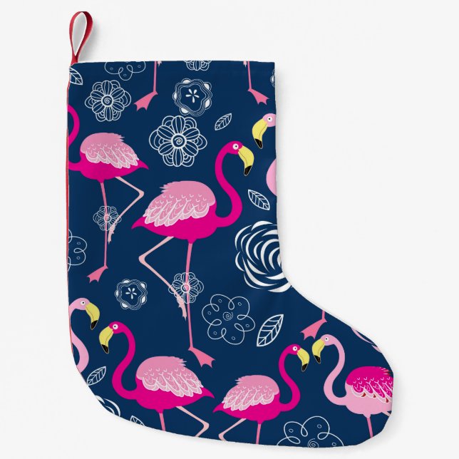 Graphic pattern of pink flamingos on a dark blue b small christmas stocking (Front)