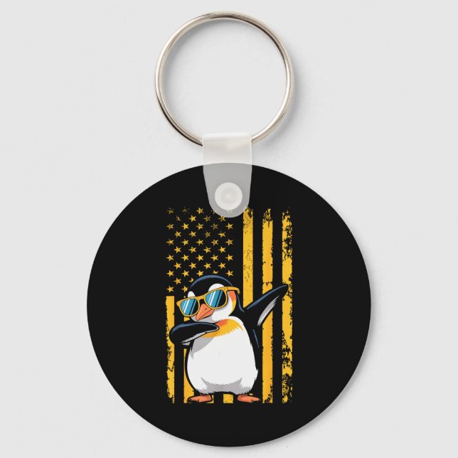 Graphic Penguin Retro American Flag Funny Penguin  Key Ring (Front)