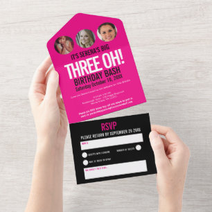 Graphic pink black photo circles 30th Birthday All In One Invitation