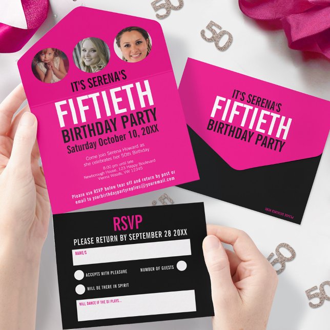 Graphic pink black photo circles 50th Birthday All In One Invitation (Creator Uploaded)