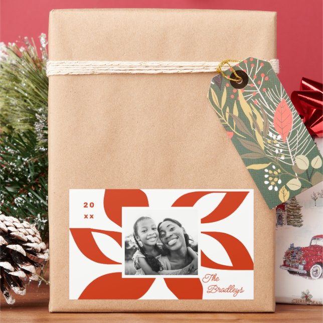 Graphic Poinsettia Holiday Photo Rectangular Sticker (Holiday)