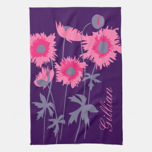 Graphic poppies flowers in grey pink and purple tea towel