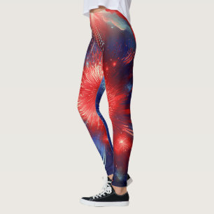 Graphic Red, White and Blue Fireworks In Clouds  Leggings