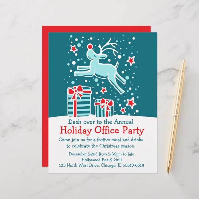 Graphic reindeer bright office party flyer custom letterhead (Front/Back In Situ)