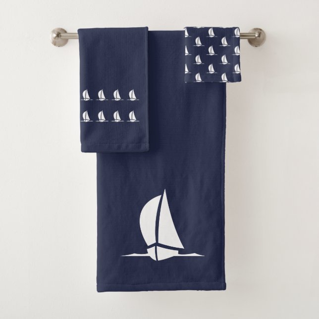 Graphic Sailboat Bathroom Ocean Blue Towel Set (Insitu)