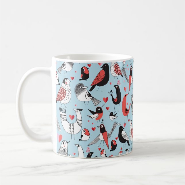 Graphic seamless pattern of funny pictures of bird coffee mug (Left)