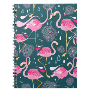 Graphic seamless pattern with bright flowers and f notebook