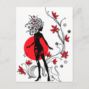 Graphic silhouette of a woman on floral background postcard