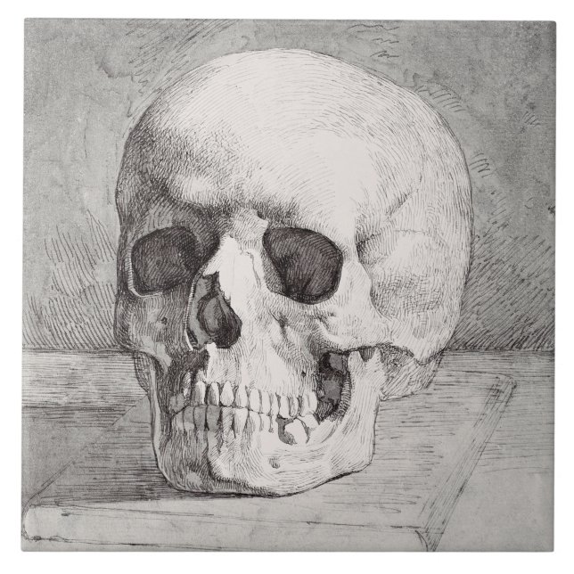 Graphic Skull Art: Minimalist & Bold Ink Design Ceramic Tile (Front)