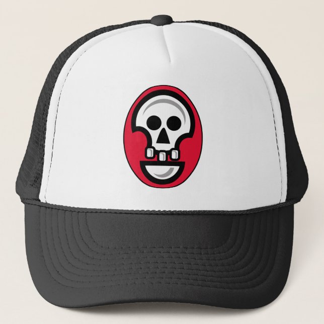 Graphic skull image in red, black and white trucker hat (Front)