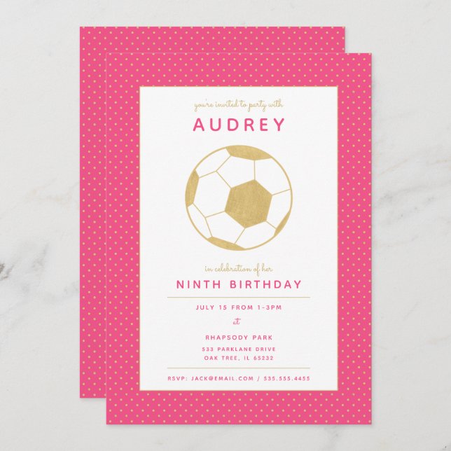 Graphic Soccer Star Sports Party in Pink and Gold Invitation (Front/Back)
