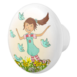 Graphic spring girl with birds knob