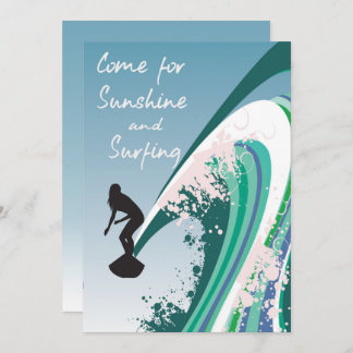 Graphic Surfer on Wave Sunshine and Surfing Party Invitation