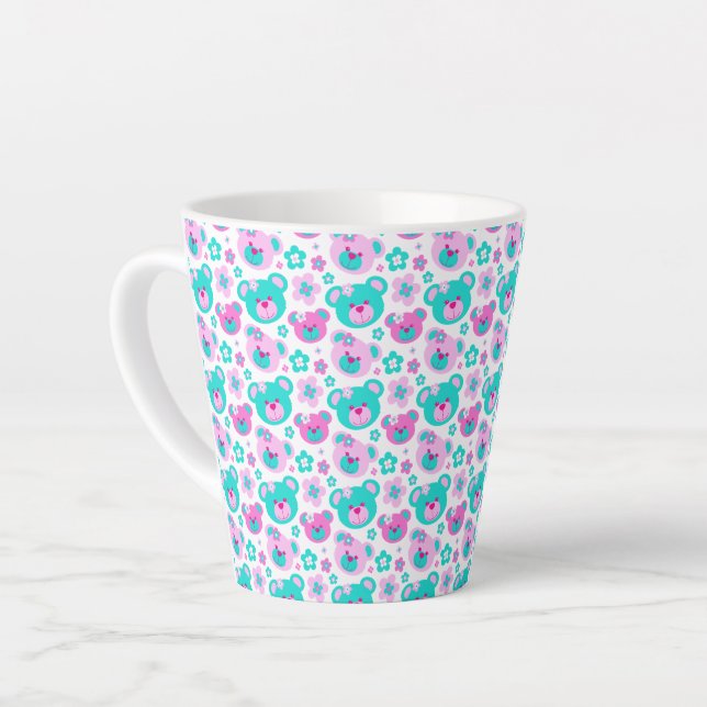 Graphic teddy bear faces pink aqua  latte mug (Left Angle)