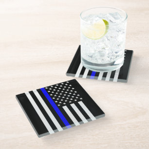 Graphic Thin Blue Line Display US Flag Glass Coaster
