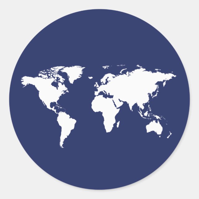 graphic white world map on blue  classic round sticker (Front)