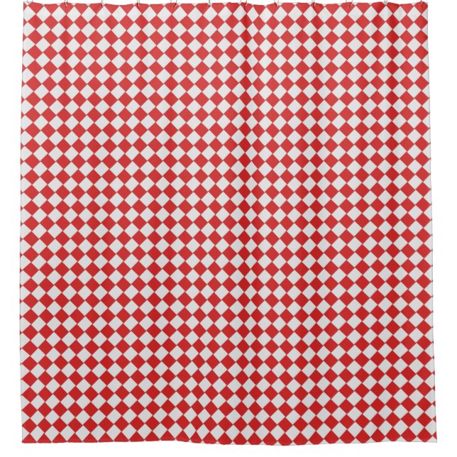 Graphical Woven Chequered Diagonal 60s Red White Shower Curtain (Front)