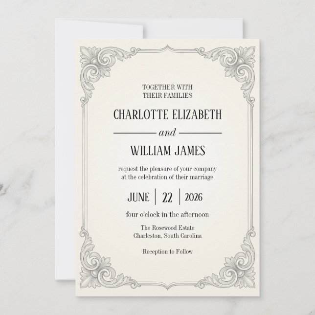 Graphite Filigree Baroque Acanthus Frame Invite (Front)
