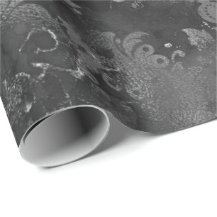 Graphite Grey Silver Black Floral Grungy Monochrom Wrapping Paper