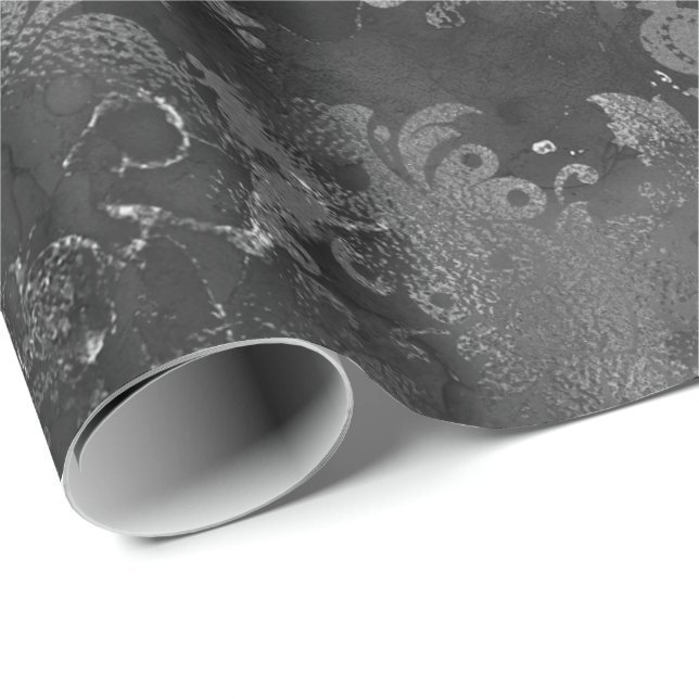 Graphite Grey Silver Black Floral Grungy Monochrom Wrapping Paper (Roll Corner)