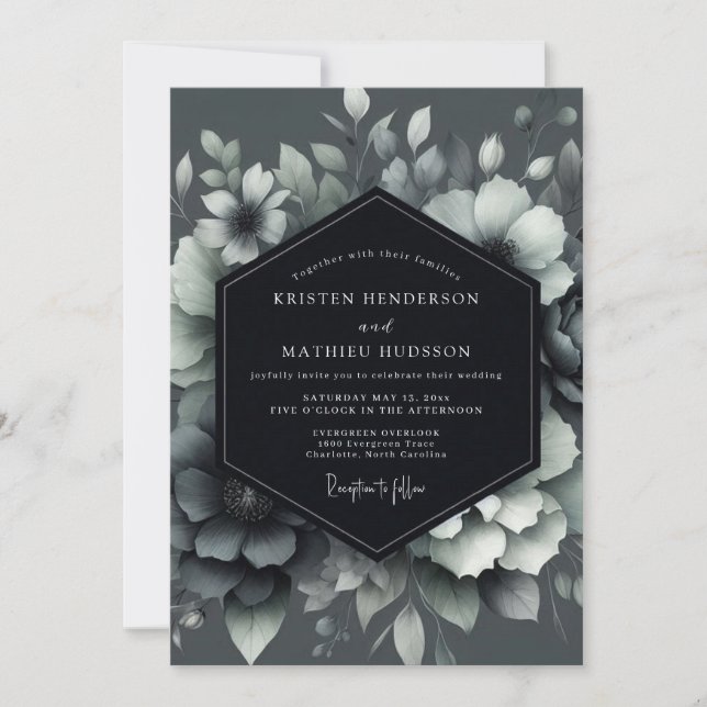 Graphite Shadowy Bloom Wedding Invitation (Front)