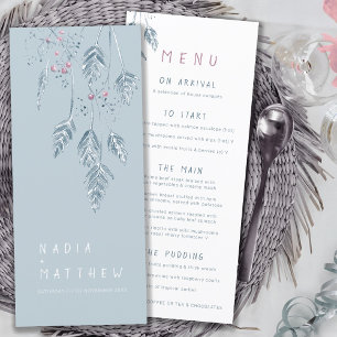 Grass berries watercolor dusty blue white wedding menu