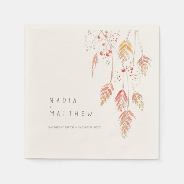 Grass berries watercolor sketch fall wedding napkin (Front)