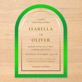 Grass green and golden gradient frame wedding acrylic invitations