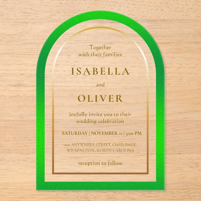 Grass green and golden gradient frame wedding acrylic invitations (Front)