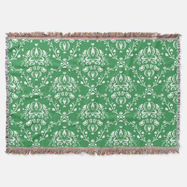 Grass Green and White Damask Throw Blanket (Front)