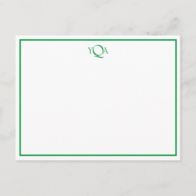 Grass Green and White Monogrammed Flat Note Postcard (Front)