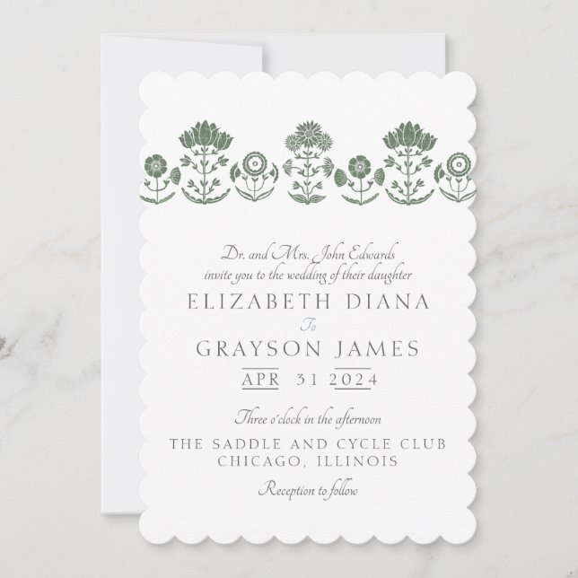 Grass Green Botanical Block Print Wedding Invitati Invitation (Front)