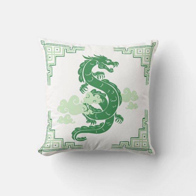 Grass Green Chinoiserie Dragon and Clouds Cushion (Front)