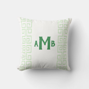 Grass Green Chinoiserie Greek Key Stripe Monogram Cushion
