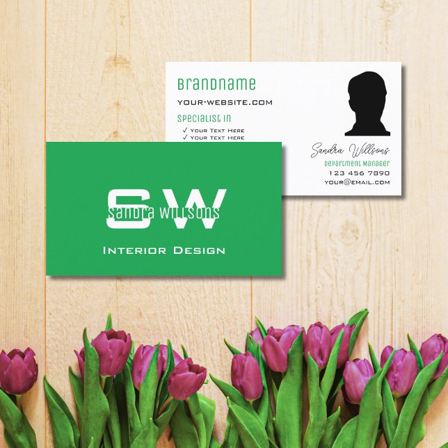 Grass Green Plain White with Monogram and Photo Business Card (Creator Uploaded)