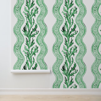 Grass Green Watercolor Wavy Seaweed Stripes Wallpaper
