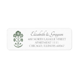 Grass Green & White Botanical Block Print Wedding Return Address Label